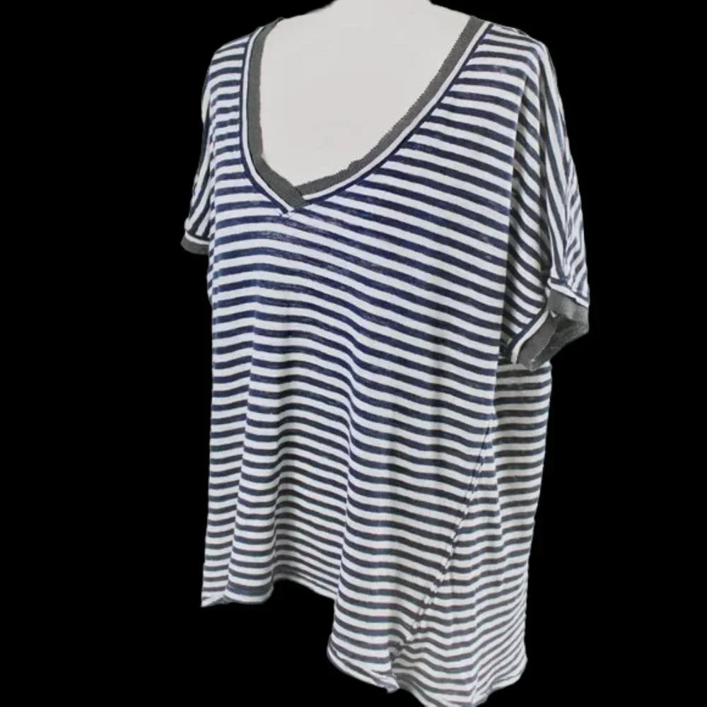 Free People We The Free Black & Cream Stripe Short Sleeve High Low Tunic
